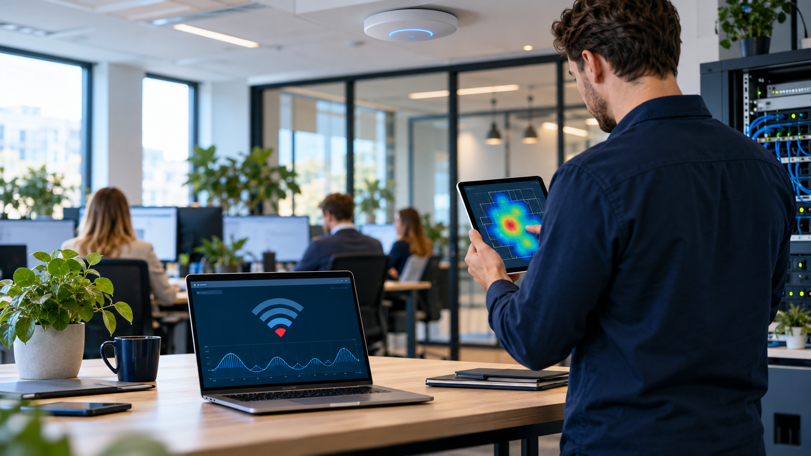 IT-specialist onderzoekt trage zakelijke wifi in een modern kantoor